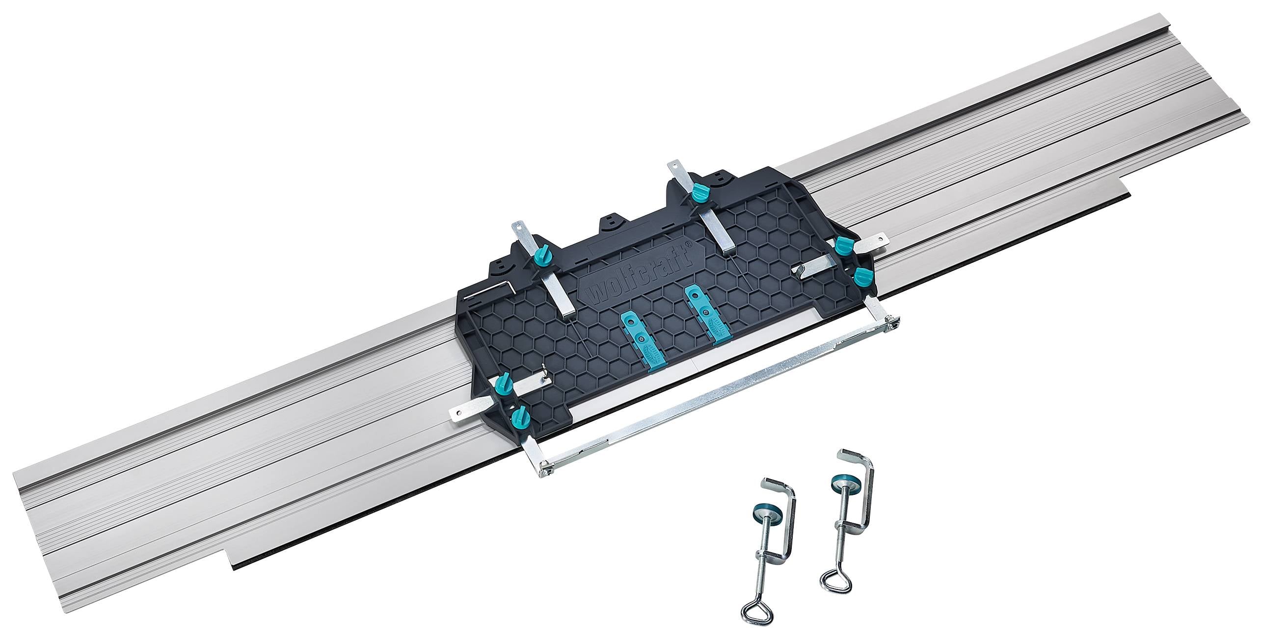 Spårsystem med svart fäste och blå element, inklusive två metallkrokar. Används för precisionskapning.
