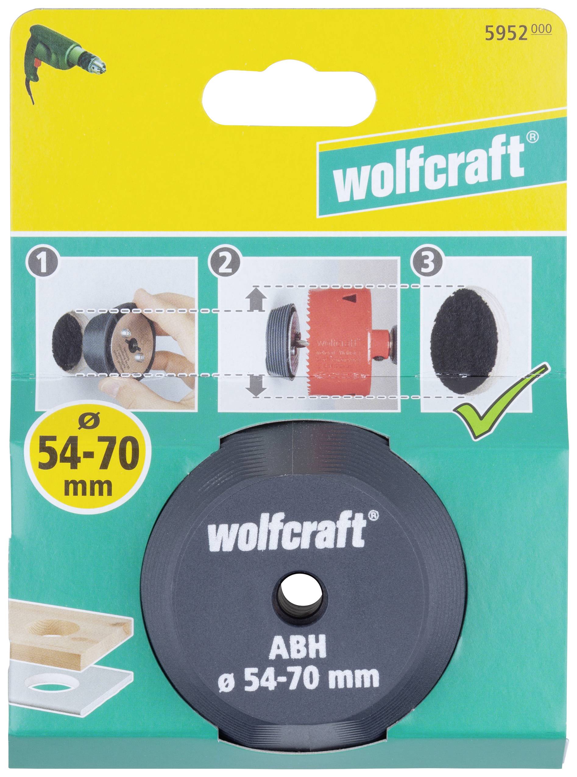 'Wolfcraft' hålsåg för borrmaskiner, förpackningen visar instruktioner i tre steg för att såga hål med diameter 54-70 mm.