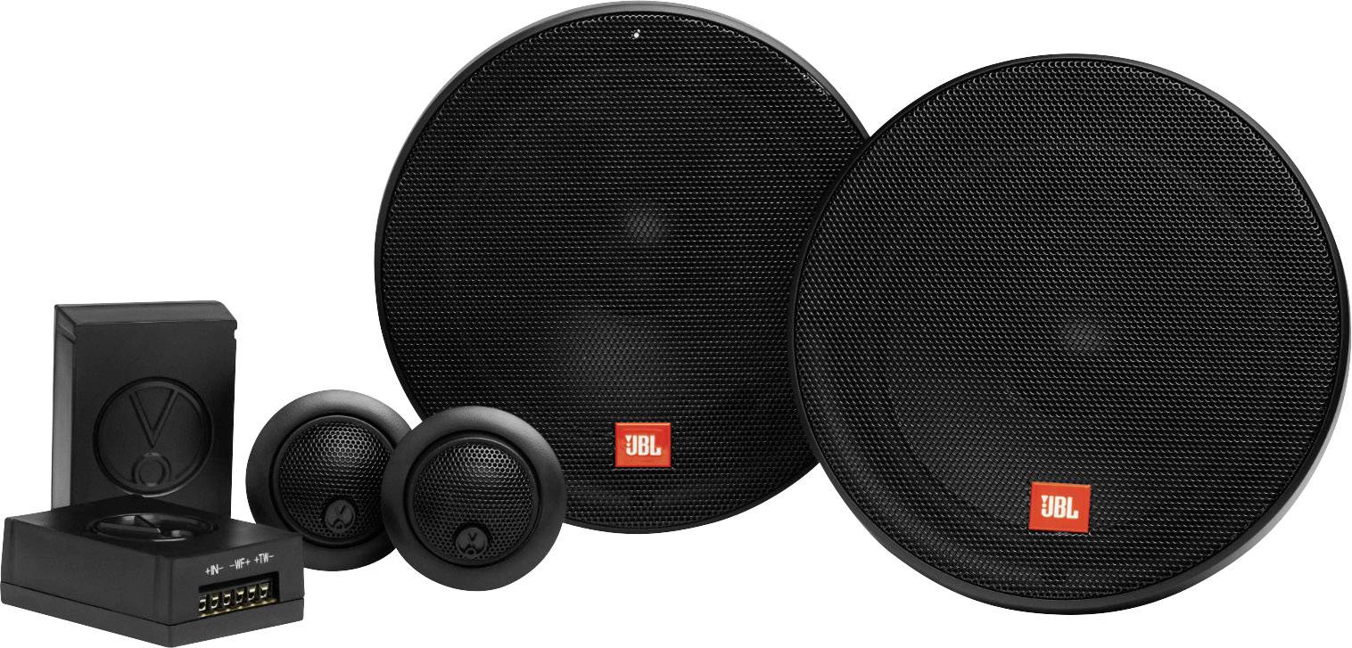 Svart JBL-högtalare- och subwoofer-kombination med lysande röda logotyper, bestående av två stora högtalare och små, runda satellithögtalare.