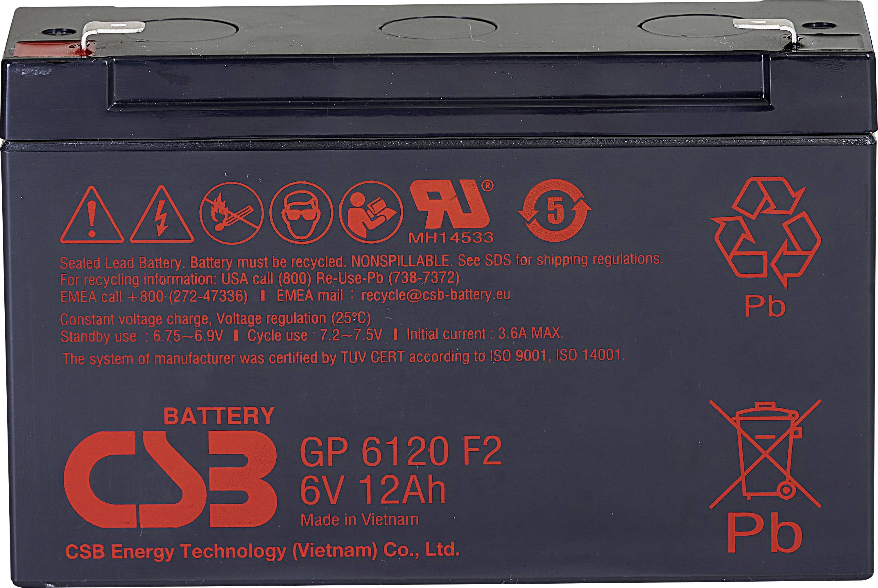 Svart batteri med röda markeringar. Modell GP 6120 F2, 6V 12Ah. Tillverkare: CSB Energy Technology (Vietnam) Co., Ltd.