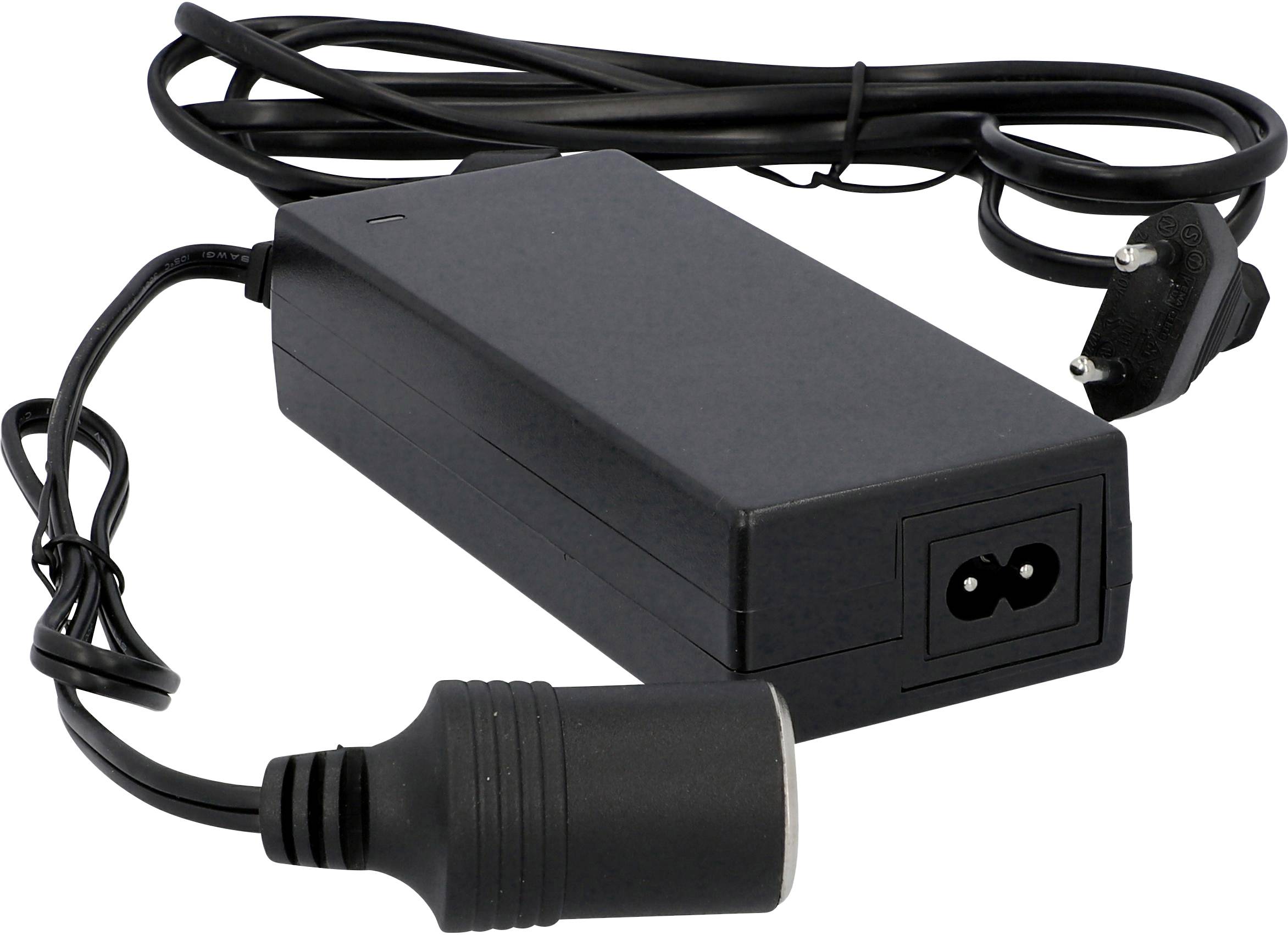 Ett svart laddare med en lång kabel som har en eurokontakt samt en kontakt på andra sidan.