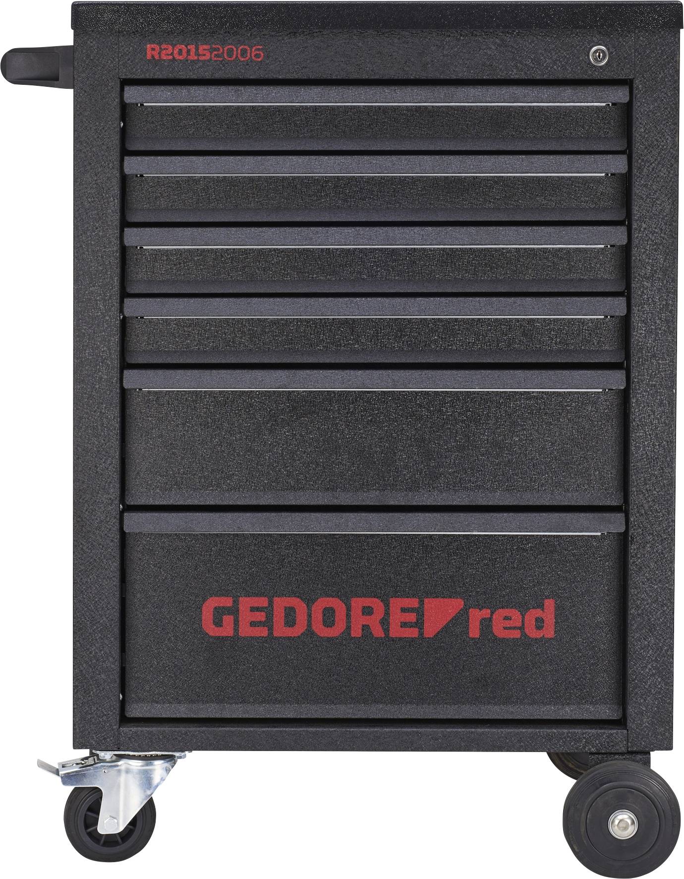 Verktygsvagn med sex lådor, svart design, märkt 'GEDORE red', utrustad med hjul för enkel förflyttning.