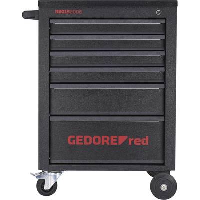 Verktygsvagn med sex lådor, svart design, märkt 'GEDORE red', utrustad med hjul för enkel förflyttning.