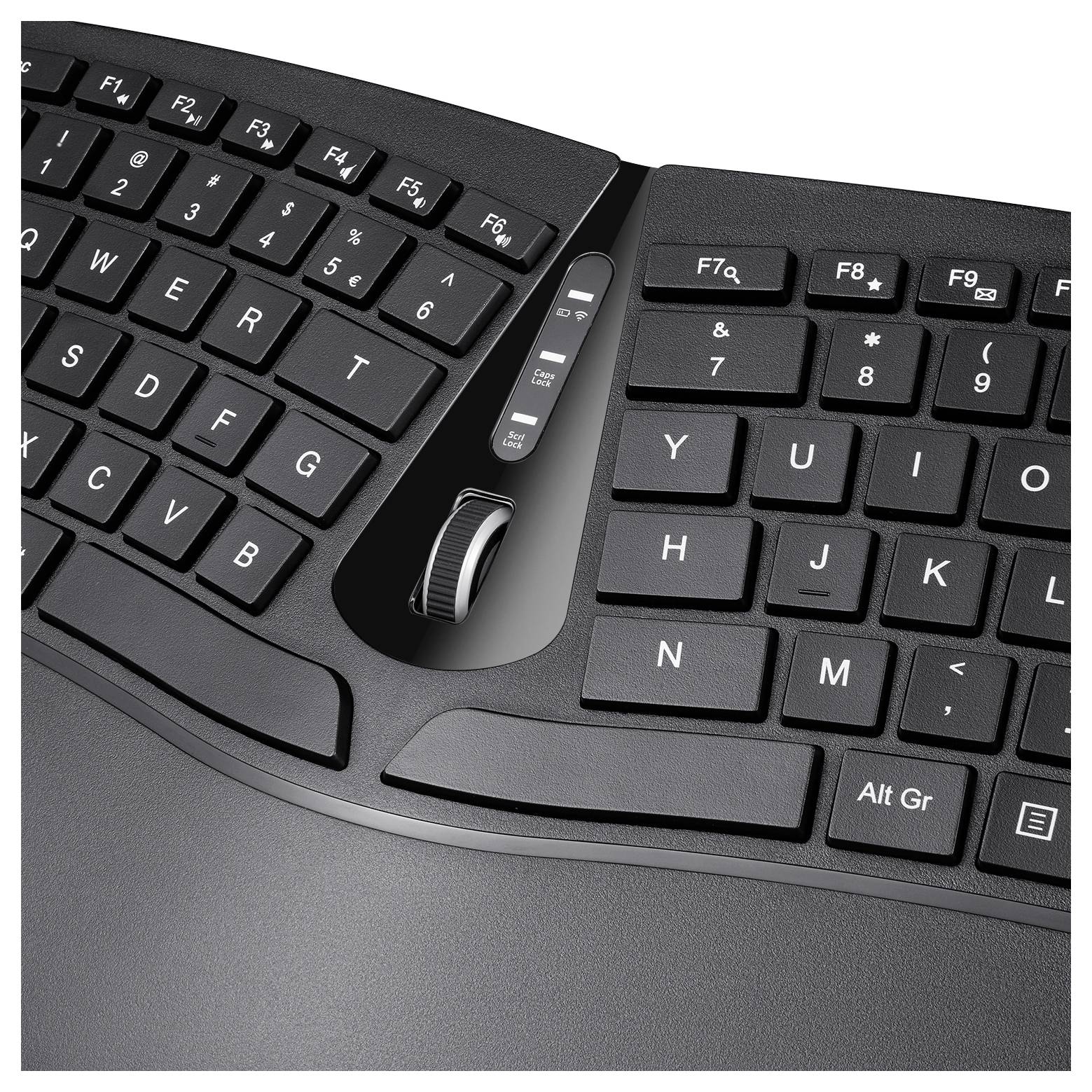 Ergonomiskt tangentbord med delad design och integrerad vridreglage för kontroll. Innehåller funktionsknappar och PILTANGENTER.