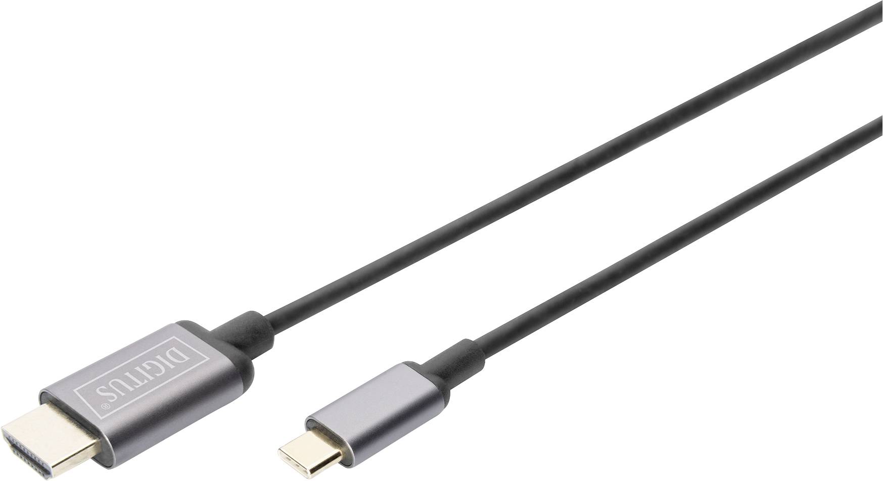 Ett svart USB-C till DisplayPort-kabel, lämplig för anslutning av bärbara datorer eller surfplattor till skärmar eller projektorer.