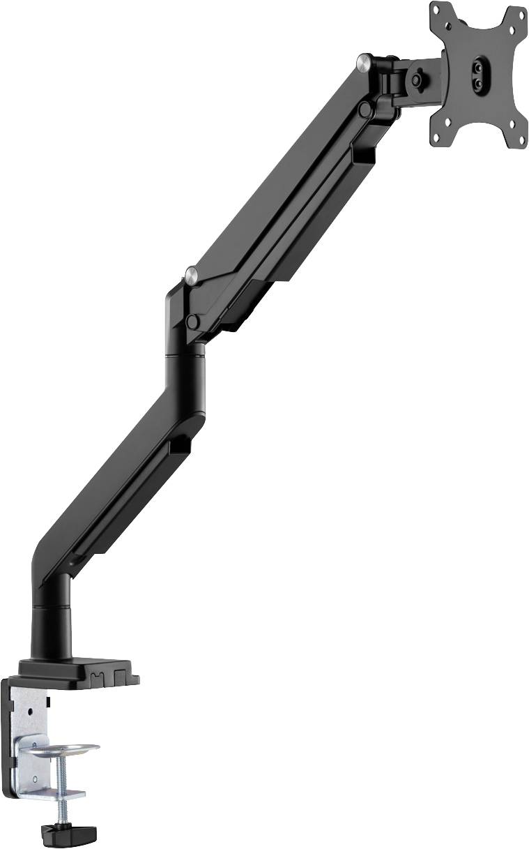 Svart monitorfäste med justerbar arm för montering på skrivbord. Erbjuder flexibilitet för skärmplacering.