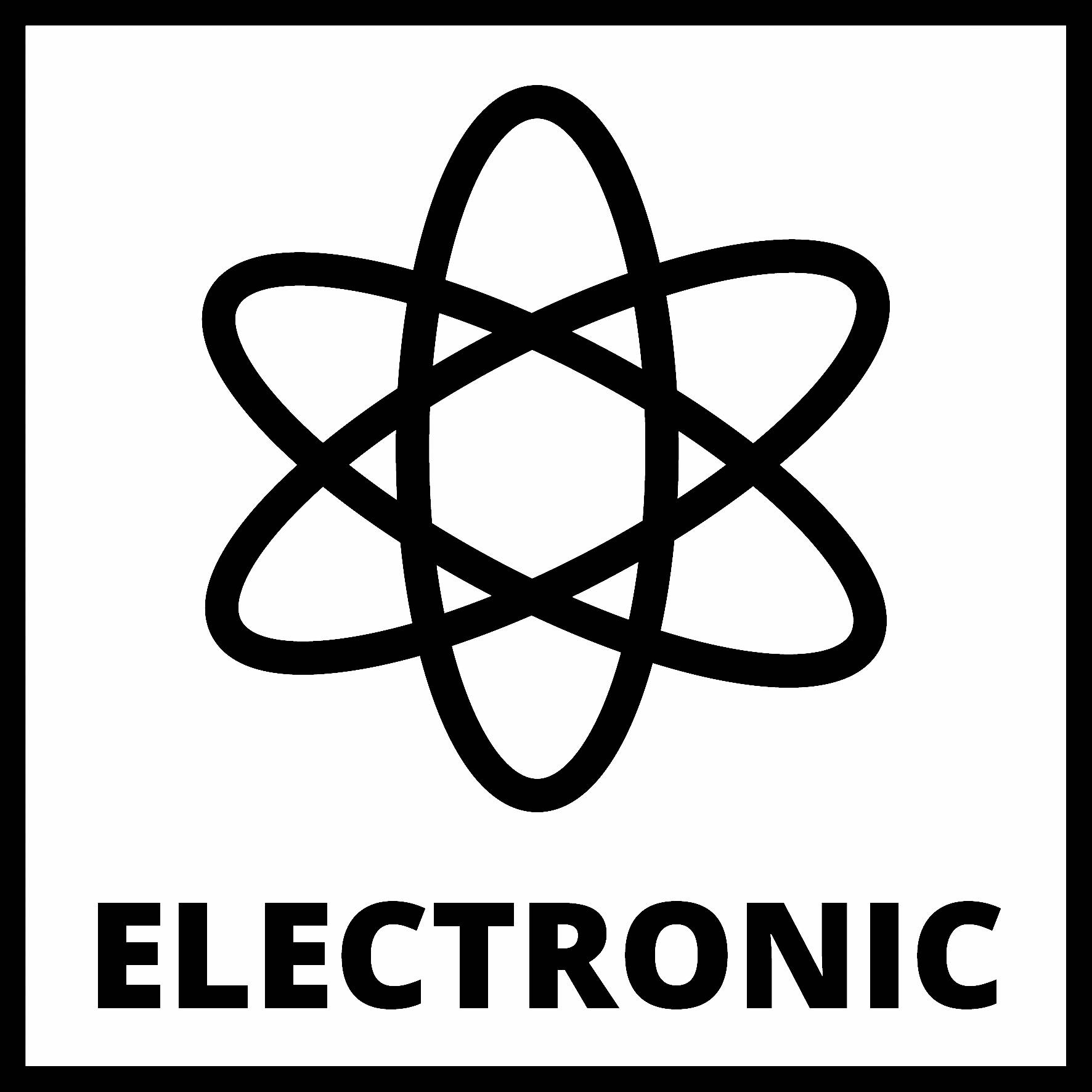 Symbol för ett atom med ordet ELEKTRONISK under, illustration för elektronikprodukter eller -tjänster.