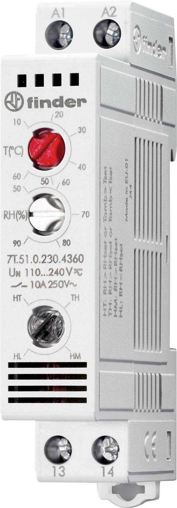 Finder Hygrostat 7T.51.0.230.4360 250 V/AC 1 NO (L x B x H) 88.8 x 17.5 x 47.8 mm 1 st