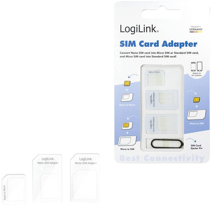 'LogiLink' SIM-kortadapter-set med tre adaptrar för Nano- till Micro-, Nano- till Standard- och Micro- till Standard-SIM-kort.