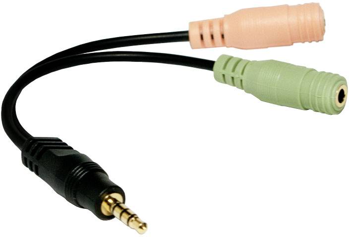 Y-klinkeadapter: En svart 3,5-mm-kontakt förbinder två uttag, ett orange för mikrofon och ett grönt för hörlurar.