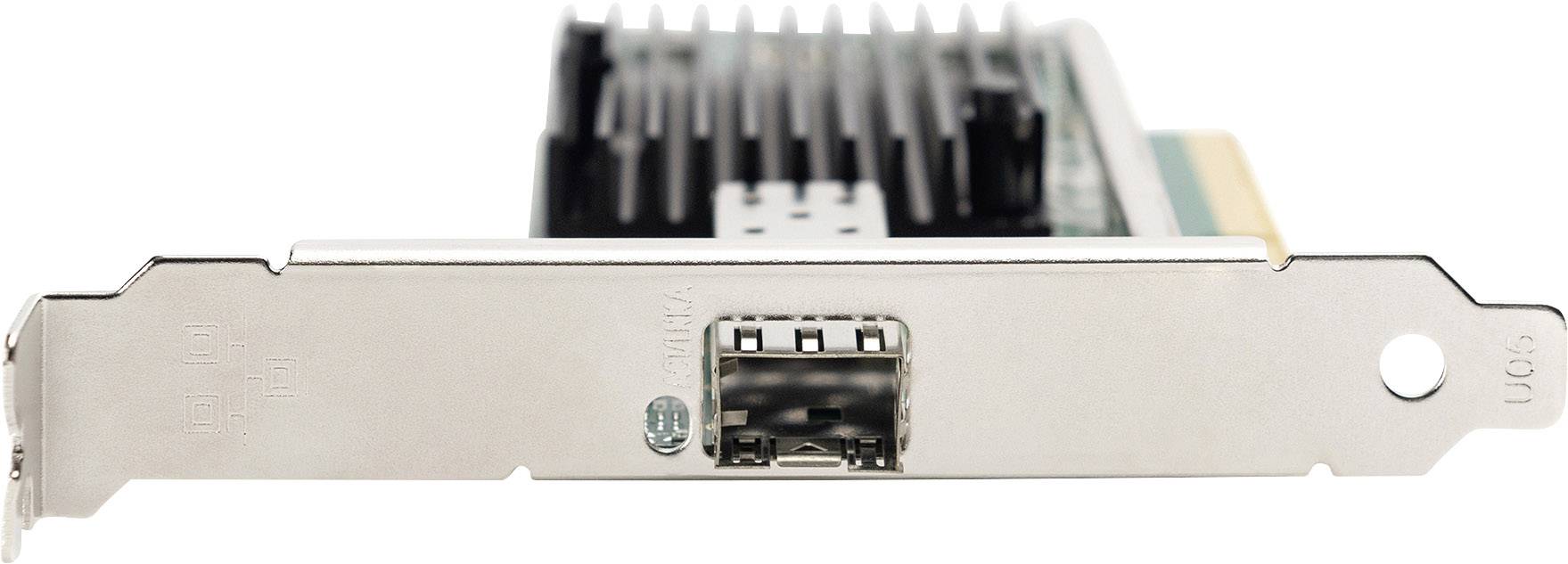 Ett nätverkskort med kylflänsar, PCIe-anslutning och en enskild USB-port, redo att installeras i en dator.