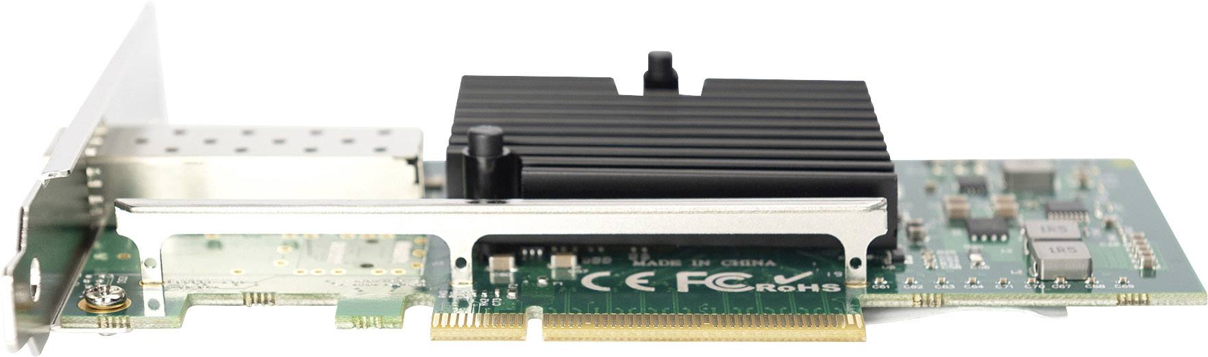 Ett nätverkskort med PCIe-anslutning och kylkropp, lämpligt för användning i datorer för dataöverföring och kommunikation.