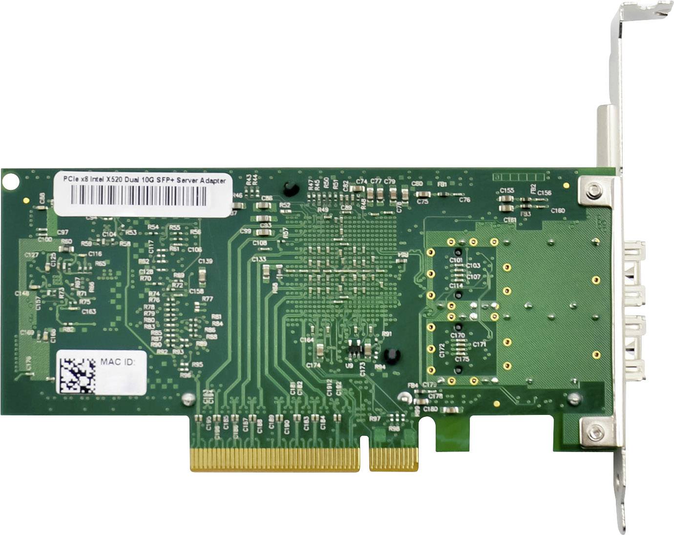 Ett grönt PCIe-nätverkskort med två portar och integrerad kretselektronik. Den erbjuder nätverksanslutning för datorer.