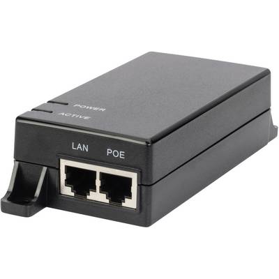 Svart PoE-injektorenhet med två portar: 'LAN' och 'POE'. Märkt med 'POWER' och 'ACTIVE'. Enhet för strömförsörjning via Ethernet.