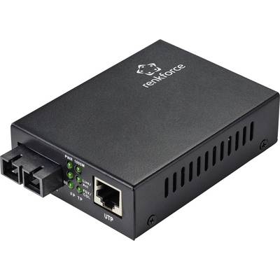 'Renkforce' mediakonverterare, svart hölje, optisk port till vänster, Ethernet-port till höger, gröna statuslampor indikerar aktivitet.