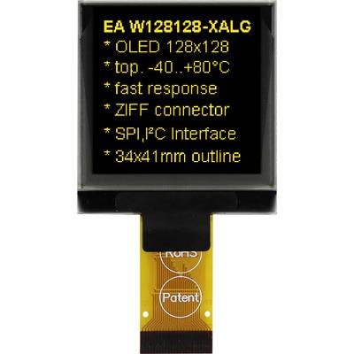Svart OLED-displaymodul med gul text: 'EA W128128-XALG', 'OLED 128x128', 'topp -40..+80°C', 'snabb respons', 'ZIFF-kontakt', 'SPI,I²C-gränssnitt', '34x41mm kontur'.
