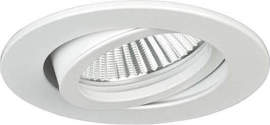 Rund infälld vit LED-takspot med svängbar reflektor, lämplig för riktad belysning i moderna interiörer.