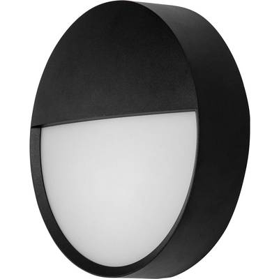 En svart, halvmåneformad utomhuslampa med vit diffusor som sprider ljuset jämnt. Perfekt för modern trädgårdsbelysning.