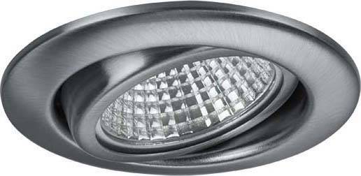 Rund, silverfärgad infälld taklampa med integrerad LED-belysning, lämplig för moderna interiörer.