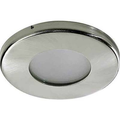 Rund, silvermetallisk taklampa med central, mattvit ljuszon.