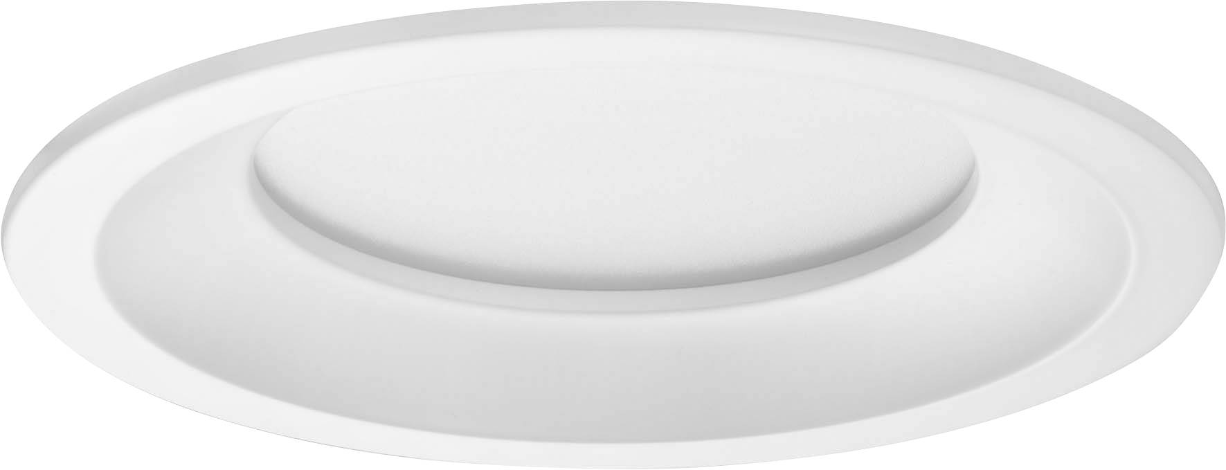 En rundad, flat LED-takspotlight i vitt, med modernt design, som ger diskret rumsbelysning ovanifrån.