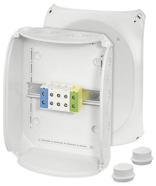 Ett vitt elektriskt anslutningshölje med en kläm på en metallskena, omgivet av avtagbara lock, lämplig för kabelanslutningar.