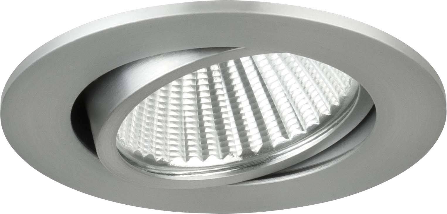 En silverfärgad infälld taklampa med vridbar reflektor. Perfekt för riktad belysning i moderna interiörer.