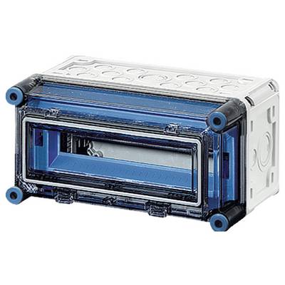 Rektangulär, transparent plastlåda med blå detaljer, möjligen ett elektriskt hölje.