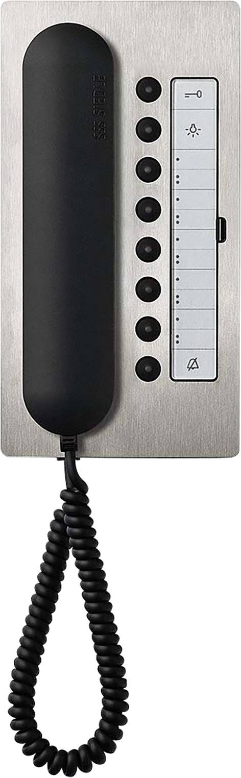 En väggtelefon med lur och spiralkabel, knappar för styrning samt en märkningskolumn för identifiering av uppringare.