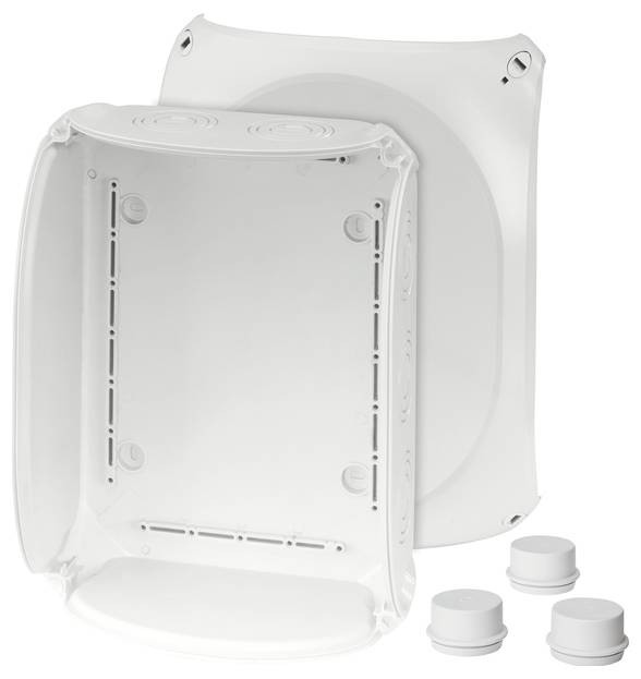 Ett vitt, rektangulärt plastfodral med fyra öppningar ovanpå. Bredvid ligger tre separata, runda lock.