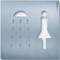 En piktogram med en dusch och en stiliserad person på en metallplatta, symboliserar en damdusch.