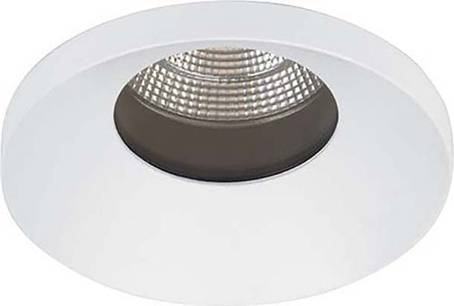 Rund infälld armatur med vit ram och silverreflektor. Minimalistisk design, lämplig för moderna interiörer.