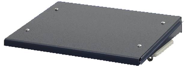 Svart, rektangulärt metallstycke med fyra synliga skruvar, sannolikt ett lock eller en platta.