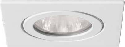 Vit, fyrkantig infälld lampa med rund, nedsänkt lins i mitten, lämplig för moderna takinstallationer.