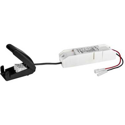 En elektrisk konverter med ett vitt hölje och svart anslutning. Två kablar med kontakter är synliga.