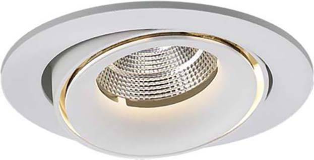 Infälld armatur med rund, silverram och räfflad innerreflektor som lyser nedåt.