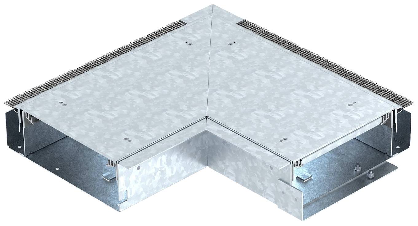 Metallisk hörnanslutning för ventilationskanaler, L-formad, tillverkad av förzinkat stål med synliga skruvfästen på sidorna.