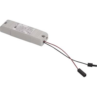 Elektronisk LED-driver i rektangulärt hölje med röda och svarta anslutningskablar. Tekniska specifikationer tryckt.