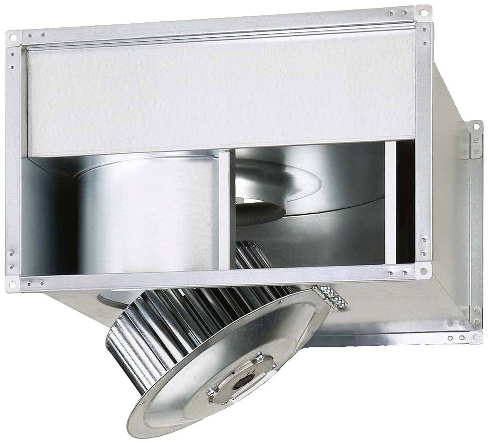 Ett ventilationssystem med en radialfläkt, monterad i ett rektangulärt metallhölje, för industriellt bruk.