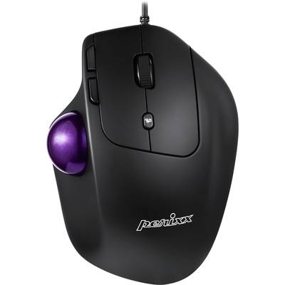 Svart ergonomisk mus med lila trackball och två knappar. Lämplig för användning med begränsade handleddsrörelser.