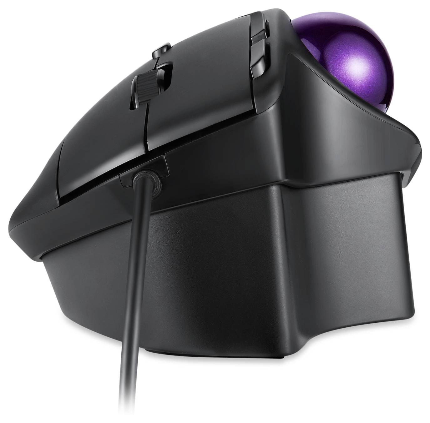 Svart trackball-mus med lila kula, ergonomisk design, scrollhjul överst, USB-kabelanslutning, trådlös drift möjlig.