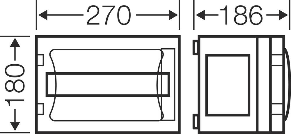 Teknisk ritning av ett rektangulärt objekt med mått: bredd 270 mm, djup 186 mm, höjd 180 mm.