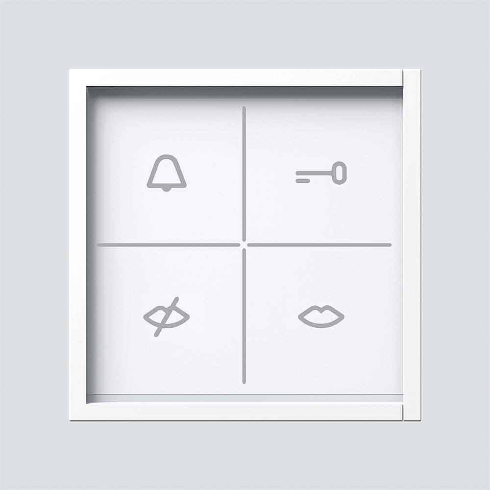 En vit kvadratisk panel med fyra grå symboler: en klocka, ett nyckelhål, överkorsade ögon och läppar, ordnade i ett rutnät.