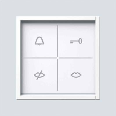 En vit kvadratisk panel med fyra grå symboler: en klocka, ett nyckelhål, överkorsade ögon och läppar, ordnade i ett rutnät.