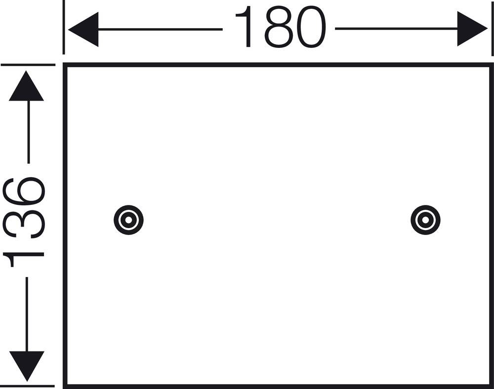 Diagram över ett rektangulärt objekt med dimensionerna 180 x 136. Två cirkelformade markeringar i mitten.