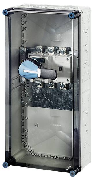 Elskåp med transparent hölje och blå vred för elektriska styrsystem.