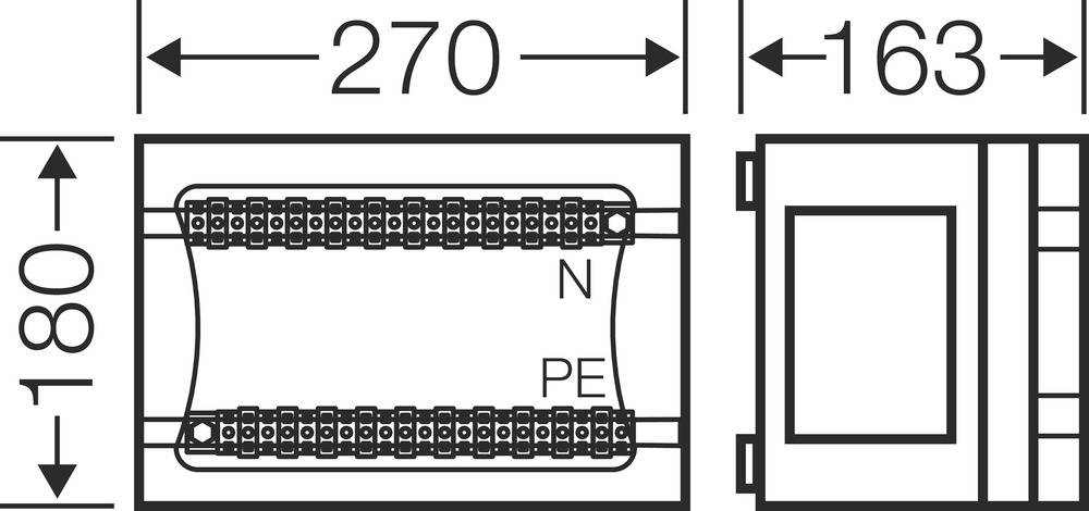 Elektrisk kopplingsschema för en kontaktdon med mått: bredd 270 mm, höjd 180 mm, samt sido vy på 163 mm. Markeringar 'N' och 'PE'.