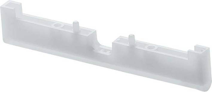 En rektangulär, vit plastkomponent med flera utskjutande stift för fästning eller anslutning i en monteringsarrangemang.