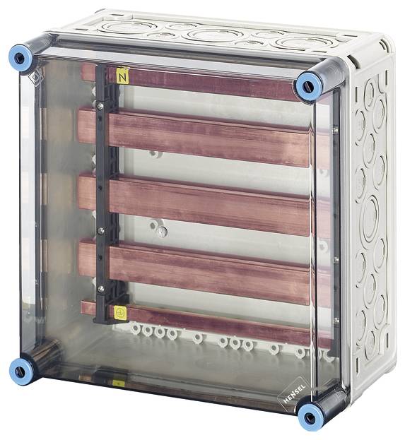 Elektrisk anslutningsbox med transparent hölje som visar inre kopparskena och anslutningar, lämplig för elinstallationer.