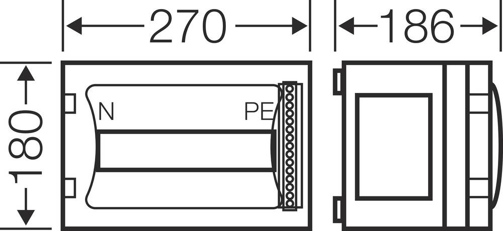 Teknisk ritning av en enhet med mått: Bredd 270 mm, djup 186 mm, höjd 180 mm. Märkt med 'N' och 'PE' för anslutningar.